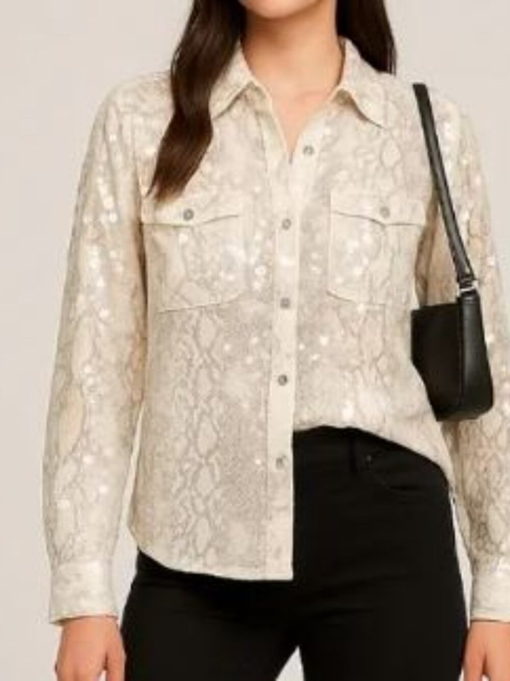Anthropologie Snake Skin‎ Sequin Date Night Glam Button Top, Small Petite